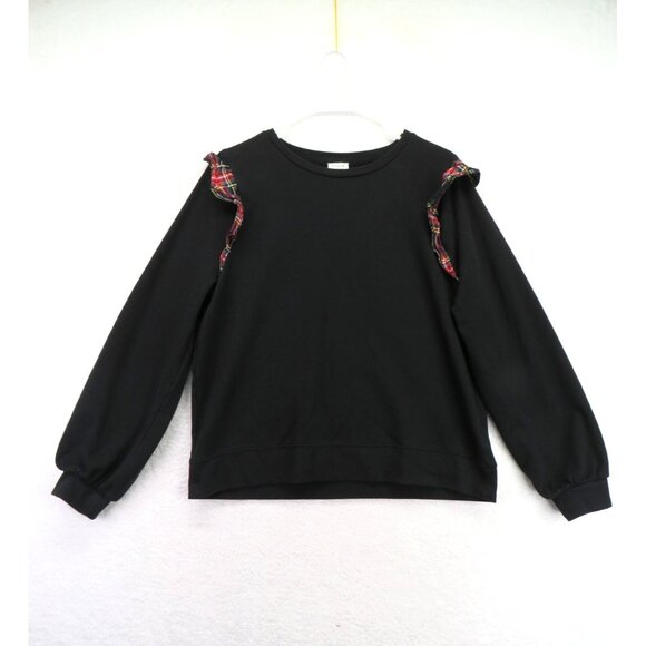 J.CREW Tops - J.Crew Sweatshirt Womens XL Black Plaid Ruffle Shoulder Crewneck Pullover Tartan